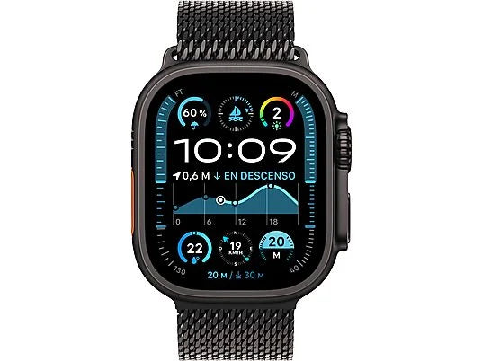Apple Watch Ultra 2 (2024), GPS + Cellular, 49 mm, Caja de Titanio Negro, Gesto doble toque, Correa Titanium Milanese Loop Negra, Talla S